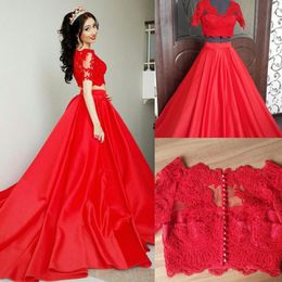 Two Pieces Red Prom Dresses Long Formal Evening Party Gowns V Neck Sheer Short Sleeves Lace Appliques Pearls Crop Top Sweep Train