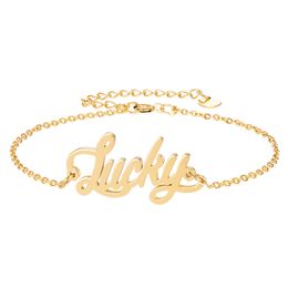 Stainless Steel Engrave Script Nameplate " Lucky " Charm Bracelets for Women Personalized Custom Bracelet Charm Link Christmas Gift