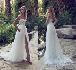 Elegant Limor Rosen A Line Beach Wedding Dresses Illusion Bodice Split Wedding Party Dresses Vintage Lace Garden Boho Bridal Gowns