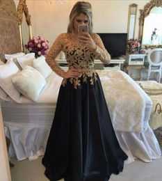 Elegant Long Sleeves Prom Dresses Sexy Gold Applique Beads Jewel Neck Floor Length Evening Gowns Long Vestido de festa