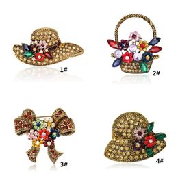 Crysal Hat Brooch Pins Hot Sale Personality Bow Flower Basket Booch Pin for Party Fashion Silver Jewelry Wholesale Free Shipping