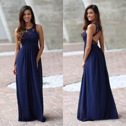 Navy Blue Country Style Bridesmaid Dresses Long 2018 Lace Top Chiffon Skirt Floor Length Maid Of Honour Dress Custom Made EN2078