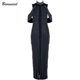 2018 Chic Woman Black White Sleeveless Beaded Dress Celebrity Evening Party dress Turtleneck Sexy Back Splitting Dress D18102901