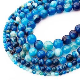8mm Natural Stone Beads Blue Stripe Agates Onyx Round Loose Beads 4 6 8 10 12 14mm Fit Diy Space Beads Jewellery Making