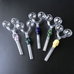 Wholesale Two Head Glass Pyrex Oil Burner Pipes Double skull Smoking Tobacco Pipes Colourful Glass Pipes SW29 DHL Free
