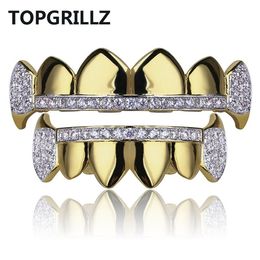 TOPGRILLZ Gold Hip Hop Teeth Grillz Micro Pave Cubic Zircon Top&Bottom Vampire Fangs Teeth Grills Set Holleween Gift Idea