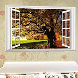 Fall Trees View 3D Window Wall Stickers Rurality Removable Creative Decal Art Home Room Mural Decor Fake Windows Big Tree Walls