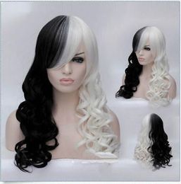 Women Cruella Deville Cosplay Wig Black White Synthetic Long Curly Wigs +Wig cap