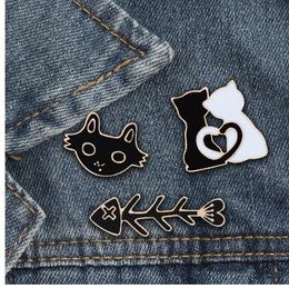 shshd Cartoon Black White Cat Fish Bone Brooch Animal Enamel Pins for Women Men Shirts Lapel Pin Badge Couple Jewellery Lover Gift