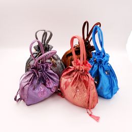 Embroidery Fruit Large Fabric Christmas Gift Bags with Handles Reusable Satin Drawstring Wedding Party Favour Bags Handbag Coin Purse 50pcs/