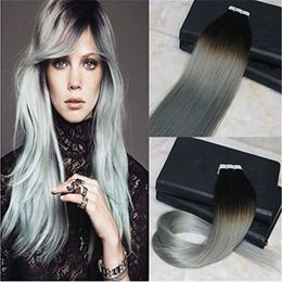 40pcs/100g Silver Ombre Tape in Hair Extensions Colour 1B Fading to Grey Balayage Double Drawn Human Hair Top Quality Remy