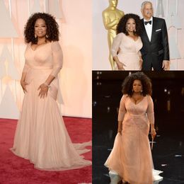 Winfrey 2018 Oprah Oscar Celebrity Mothers Dresses Plus Size V Neck Sheath Tulle With Long Sleeves Sweep Train Draped Wedding Guest Gowns