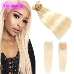 Brazilian Virgin Hair Extensions 3 Bundles With 4X4 Lace Closure 613# Color Free Middle Three Part Straight Human Hair Bundles With Closure