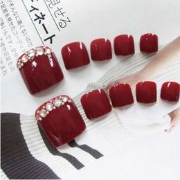 24pcs/Set Pretty Summer Toes False Nails Rhinestone Pre-design Full Cover Red Foot Artificial Fake Nails with Glue Nail Beauty