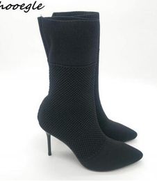 2018 Black Knitted Ankle Boots Women Stretch Point Toe Sock Booties Cut-out Women High Heel Shoes Woman Booties Mujer Hot
