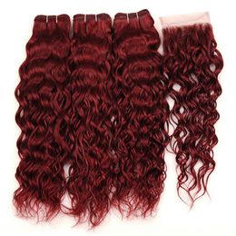 Peruvian Red Water Wave Hair 3 Bundles With Closure Burgundy 99J Pre-Colored Non Remy Human Hair Bundles With Closure 4Pcs/Lot