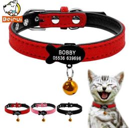 Customised Cat Collar PU Leather Padded ID Collars Personalised Puppy Pet Information For Small Medium Cats XXS Red Pink Black