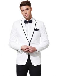 New Style Slim Fit White Groom Tuxedos Notch Lapel One Button Groomsmen Mens Wedding Tuxedos Man Prom/Dinner Blaze (Jacket+Pants+Bows Tie)35