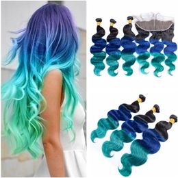 Body Wave 1B/Blue/Green Ombre Peruvian Virgin Hair Weaves with Full Lace Frontal Closure 13x4 Three Tone Ombre Virgin Human Hair Bundles