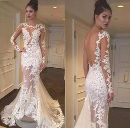 Mermaid Full Lace Dresses Applique Sheer Neck Tulle Long Illusion Sleeves Backless Sweep Train Wedding Bridal Gowns Custom