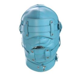 Bondage Blue Lockable Soft PU Leather Gimp Hood Sensory Deprivation Mask Mask for Sexual Play Deprivation Gimp #Q76