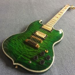 Guitarra eléctrica SG de alta calidad, caoba sólida, color de explosión verde, tablero de dedos de arce, incrustaciones de abulón real, envío gratis