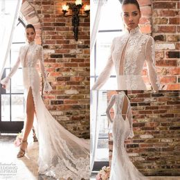 Elihav Sasson Mermaid Wedding Dresses Hollow Back Lace Appliques High Neck Illusion Boho Bridal Dress Side Split Plus Size Wedding Gowns