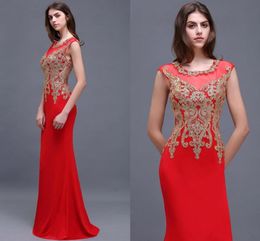 Red Mermaid Prom Dresses with Gold Applique Sequined Sheer Jewel Cap Sleeves Evening Gowns New Arrival Special Occasion Dress