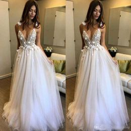 Modest Berta Boho Cheap Wedding Dresses 2018 Plugging Bohemian Wedding Gown Spaghetti Beaded A Line Backless Floral Summer Beach Bridal Gown