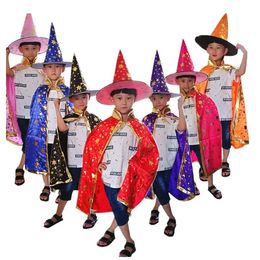 satin cape halloween costume boy girl cosplay cloak and hat Festival baby witch cape cap set cartoon dresses