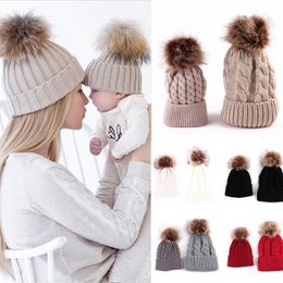 2 Pcs Mother Kids Child Baby Warm Winter Knit Beanie Fur Pom Hat Crochet Ski Cap Cute