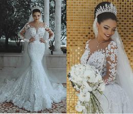 Arabic Dubai Wedding Dresses Sheer Jewel Neck Lace Appliques Beaded Mermaid Bridal Gowns Sweep Train Plus Size Long Sleeve Wedding Dress