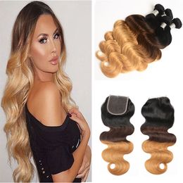 Ombre Human Hair Weave Bundles with Closure 3 Tone Blonde 1B/4/27# Coloured Brazilian Body Wave Human Hair Extensions with Lace Closure