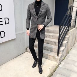 Men's Wool Blends High Quality Fashion Plaid 50% Wool Blends Overcoat Men Slim Fit Long Male Winter Wool Trench Coat Plus Size