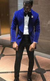 New Design Royal Blue Velvet Groom Tuxedos Shawl Lalpel One Button Men Wedding Blazer Men Dinner Prom Business Suit(Jacket+Pants+Tie) 1137