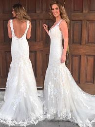 2018 New Sexy Lace Mermaid Wedding Dresses with Open Back Appliques Lace Wedding Bridal Gowns Sweep Train Custom Made Vestidos De Novia