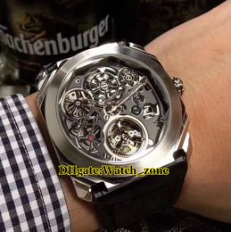 Octo Tourbillon Скелет черный циферблат 102719 Автоматические мужские часы Серебряный чехол Кожаный ремень Дешевые новые высококачественные наручные часы