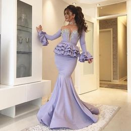 Lavender Mermaid Prom Dresses Long Sleeves Tiered Peplum Long Evening Gowns Saudi Arabia Satin Formal Party Dress Sweep Train Vestidos