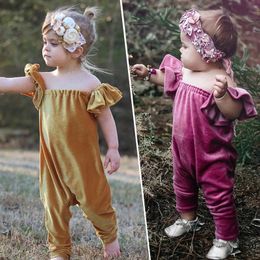 Hot 2018 Newborn Baby Clothes Toddler Infant Baby Girls Ruffle Velvet Off Shoulder Romper Jumpsuit Solid Outfits Retro Summer Girls Clothing