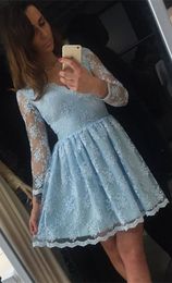 2018 Romantic Blue Lace Long Sleeves Homecoming Dresses Short V neck illusion A line Hollow Back Designer Prom Cocktail Party dress