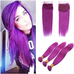 Silky Straight Colored Purple Malaysian Human Hair Weaves 3 Bundles with Closure Pure Purple Virgin Hair Wefts with Lace Closure 4x4