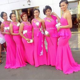 African One Shoulder Fushia Long Bridesmaid Dresses Satin Beaded Ruffles Mermaid Maid Of Honour Party Gowns Custom Made Wedding Guest Dress