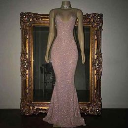 Sparkly Rose Pink Sequined Prom Dresses Mermaid Spaghetti Straps Sleeveless Floor Lengthplus Size Formal Evening Gowns Pageant Wear