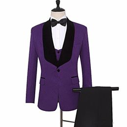 Purple Paisley Men Wedding Tuxedos Excellent Groom Tuxedos Black Lapel Side Vent Men Business Dinner Prom Blazer(Jacket+Pants+Tie+Vest) 801