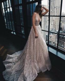 2018 glaring Wedding Dresses Princess deep v neck backless beading wasit see through waist sequined court train Bridal Gowns for bridal