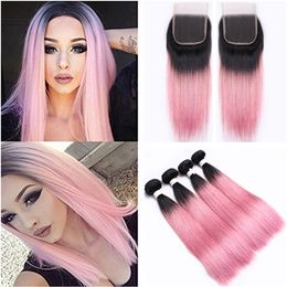 Straight #1B/Pink Ombre 4x4 Lace Closure with 4Pcs Bundles Deals 5Pcs Lot Virgin Peruvian Pink Ombre Human Hair Weaves with Closure