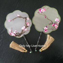 Cherry blossoms Natural Silk Fabric Fan Traditional Full Handmade Double Embroidery Chinese Fan Wood Handle Wedding Decoration Fan Gift