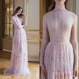 Paolo Sebastian Blush Pink Full Lace Evening Dresses High Neck Illusion Long Sleeve Prom Dress Formal Party Gowns