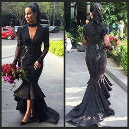 Sexy High Low Ruffle Prom Dresses Long Sleeve Sheer Applique Keyhole African Formal Party Evening Dresses Gowns Guest Wear Robe De Soiree