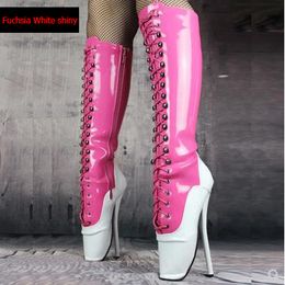 DHL Free Shipping 18cm Spike Women High Heel Ballet Boots fetish Knee Boots sexy SM Queen Lace-up Mixed Colour Hot Pink White Shiny